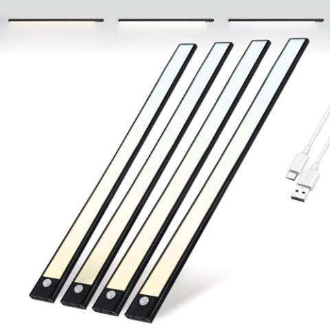 Brendz Unterbauleuchte Küche LED, LED Leiste Küche, 4 x 60cm, USB-C Wiederaufladbar, 4400mAh, 3 Farbtemperaturen, Dimmbar, Magnetisch, Küchenunterbauleuchte, Küchenbeleuchtung, Puyo Schwarz