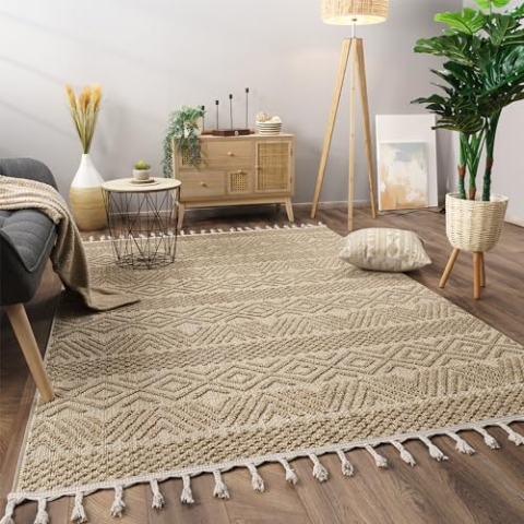 Paco Home Teppich Wohnzimmer Schlafzimmer Kurzflor Skandinavisches Boho Muster Geometrische Optik Einfarbig Fransen Moderne Deko, Grösse:160x220 cm, Farbe:Natur