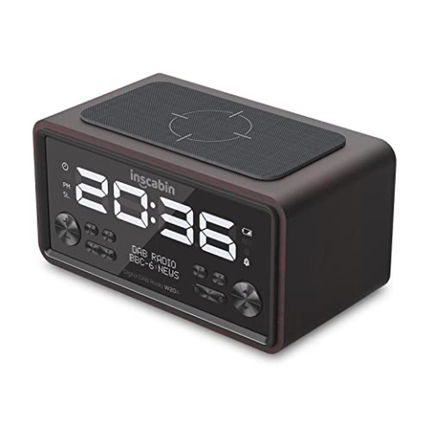Inscabin W20A DAB/DAB+ FM Digital-Radiowecker mit Kabelloses Laden/großem Bildschirm, tragbarer kabelloser Lautsprecher mit Bluetooth,schönes Design für Schlafzimmer, Küche, Büro (Black Walnut)