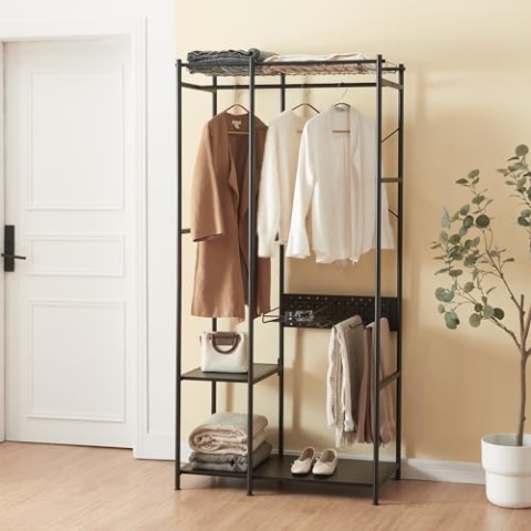 [en.casa] Garderobenständer Brønnøy Kleiderständer mit Ablagekorb und 4 Haken Schuhablage Kleiderregal mit Kleiderstange Freistehende Flurgarderobe aus Stahl 182x90x46cm Schwarz