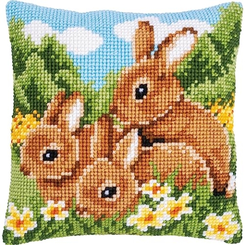 Vervaco Kreuzstich Stickpackungen Kissen Stickerei Set Anfänger Vorgedruckt Kaninchen DIY Set Kreativ Set Für Erwachsene Dekoratives Kissen ca. 40 x 40 cm Bastelset Handwerker Haus Dekoration