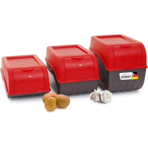 Novaliv Kartoffel Aufbewahrungsboxen Set | 3,5L + 5L + 9L | ROT | Kartoffelboxen | Gemüseboxen stapelbar Zwiebelboxen Kartoffelkörbe Obstbehälter Kartoffelkisten Frischhaltedosen