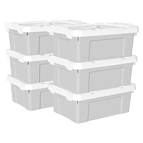 Cetomo 20 l x 6 Kunststoff-Aufbewahrungsbox, Tragetasche, Organisationsbehälter mit robustem Deckel und sicheren Verriegelungsschnallen, stapelbar und stapelbar, 6 Stück, grau mit Schnalle