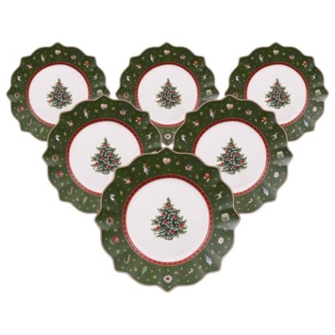 Villeroy & Boch Toy's Delight Frühstücksteller 6er Set, 24 cm, Weihnachtsgeschirr, Plätzchen- und Keksteller für Weihnachten, Premium Porzellan, Grün