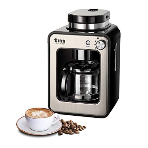 TM Electron Mini-Kaffeemaschine mit Kaffeemühle, 4 Tassen, für Kaffeebohnen, 600 W, waschbarer Filter silber