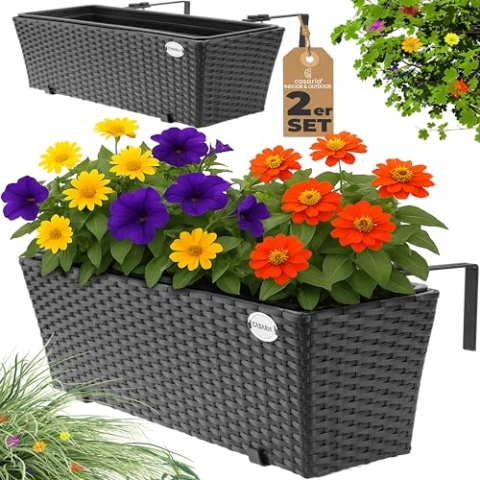 Casaria® Blumenkasten 2er Set 11 Liter Montagehalterung Indoor Outdoor Geländerkasten Balkonkasten Pflanzkasten schwarz