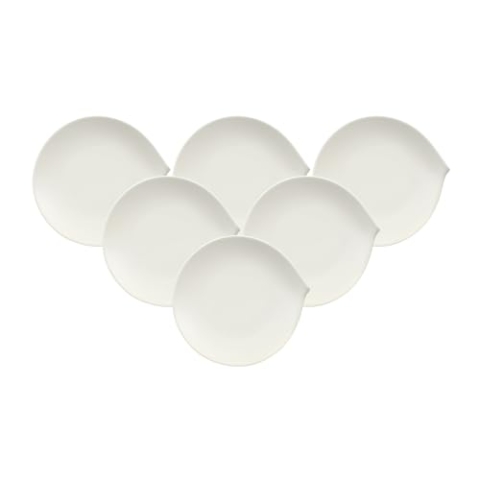 Villeroy & Boch Flow Frühstücksteller 6er Set, 23 x 22 cm, Dessertteller mit geschwungener Form, Premium Porzellan, Weiß