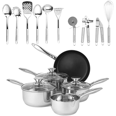 Russell Hobbs COMBO-8643 15-teiliges Kochgeschirr-Set - Klassisch Set, 24 cm Bratpfanne, 3 Kochtopf, Topfdeckel aus Glas,10-teiligem Edelstahl Küchenhelfer-Set/Kochutensilien, alle Arten Kochfeldern