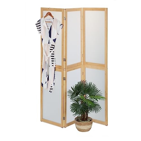 Relaxdays Paravent, 3-teilig, Faltbarer Raumtrenner, HxB: 180x136,5 cm, Kunststoff & Bambus, Trennwand innen, Natur/weiß