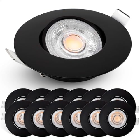EMOS LED Einbaustrahler 230V dimmbar, 4,9W / 480lm, 50° schwenkbar, warmweiß 2700K | Set mit 12 Stück Einbaustrahler LED Spot ultraflach, rund | Deckenspots LED dimmbar für Innenräume, Farbe schwarz