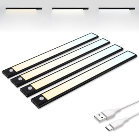 Brendz Unterbauleuchte Küche LED, LED Leiste Küche, 4 x 40cm, USB-C Wiederaufladbar, 2200mAh, 3 Farbtemperaturen, Dimmbar, Magnetisch, Küchenunterbauleuchte, Küchenbeleuchtung, Puyo Schwarz