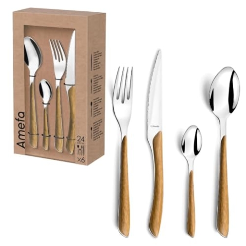Amefa ECLAT Besteck Set NATURE Braun Holz Essbesteck 24-teilig für 6 Personen Edelstahl rostfrei Kunststoff-Griffschalen in Holzoptik spülmaschinenfest Besteck Set 6 Personen