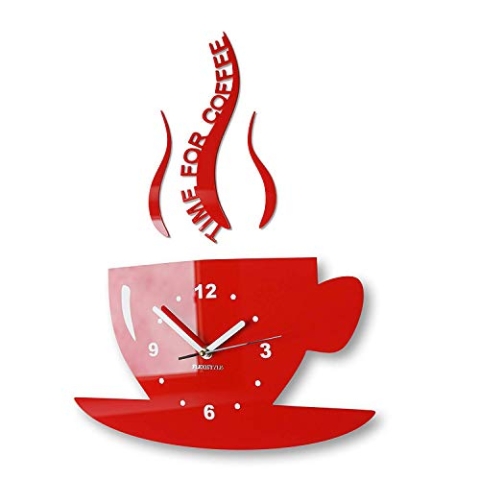 FLEXISTYLE Tasse Time for Coffee (Zeit für Kaffee) Moderne Küche Wanduhr rot, 3D römisch, wanduhr deko, 32 x 19