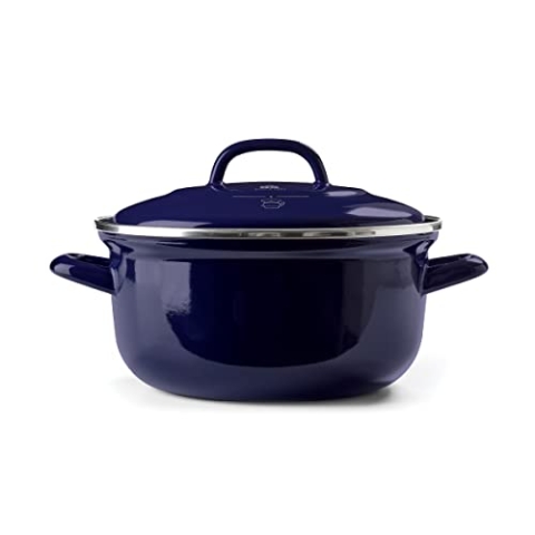 BK Indigo Holländisches Erbe Runde Deutsche Emaillierte Kasserolle mit Deckel mit PFAS-Freier Keramischer Antihaftbeschichtung, 22 cm/3,3 Liter, Induktion, Spülmaschinenfest, Backofenfest, Kobaltblau