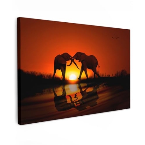 MuchoWow Leinwand Bilder, Einzigartige Wanddeko mit Rahmen, Elefantenpaar bei Sonnenuntergang, Wandbilder Wohnzimmer, Deko Schlafzimmer 150x100 cm