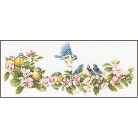 Lanarte Kreuzstich Stickpackungen Gezählter Kreuzstichbilder Set BLAUMEISEN Wanddekoration Handarbeit Set für Erwachsene 61 x 26 cm DIY Deko Bastelset Handwerker Kreative Geschenkset