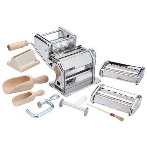 Imperia The Pasta Factory, 9-teiliges Pasta-Set mit Nudelmaschine und Zubehör, inklusive Ravioli-Teigrad, Holzmehlschaufeln, Backpinsel, 1 Set, Silver