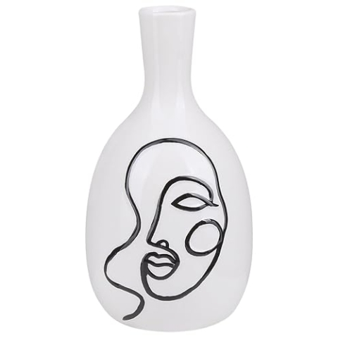 Blumenvase aus Steinzeug weiß mit aufgedrucktem Gesicht schwarz Dekoration Akrai