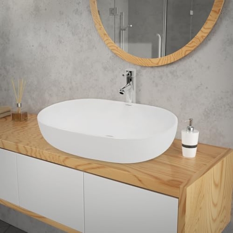 ECD Germany Design Waschbecken Waschtisch 600 x 420 x 145 mm aus Keramik Weiß - Aufsatzbecken Aufsatzwaschbecken Handwaschbecken Aufsatzwaschtisch Spülbecken Wasserfall Waschschale Waschschüssel