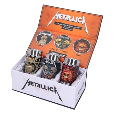 Nemesis Now Metallica Pushead Art Schnapsglas 3er Set, Harz, Offiziell lizenziertes Metallica Merch, herausnehmbare Edelstahleinsätze, Premium Geschenkbox, aus feinstem Harz gegossen, fachmännisch