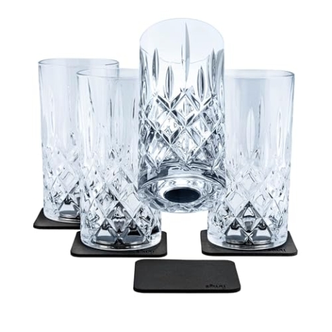 silwy® Magnet-Kristallgläser LONGDRINK 4er Set inkl. vier wiederverwendbaren Metall-Nano-Gel-Pads - rutschfeste Magnetgläser für Camping, Caravaning und Boating