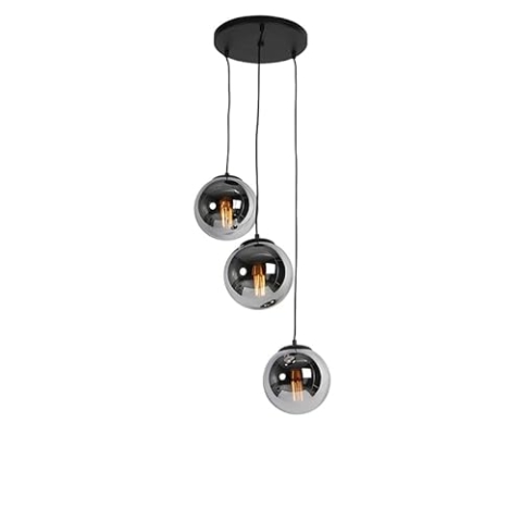 QAZQA - Art Deco Smarte Hängelampe I Pendellampe I Pendelleuchte schwarz mit Rauchglas 3-flammig inkl. Wifi ST64 - Pallon I Wohnzimmer I Schlafzimmer - Kugel I Kugelförmig I Länglich - LED geeignet E2