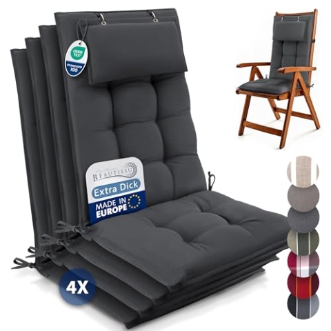 Beautissu 4er Set Premium Hochlehner Auflage mit Kopfpolster 120x50cm Sun-HL – 8cm Dick Polster Gartenstuhlauflage rutschfest Befestigungsbänder UV-Lichtechtheit 5 – Robust Stoff Uni Anthrazit