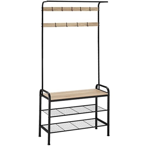 tectake® Garderobenständer Sitzbank, Garderobenleiste Haken, Wandgarderobe mit Ablage, Kleiderständer, Schuhregal, Schuhbank, offener Kleiderschrank, Flurgarderobe- Industrial Holz hell, Eiche Sonoma