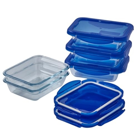 Pyrex Cook & Go Lunchbox-Set, rechteckig, 0,8 l, Borosilikatglas, Backofen, Mikrowelle und Spülmaschine, 5 Stück