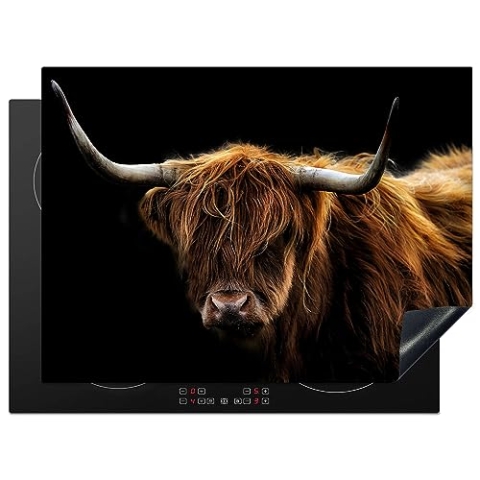 MuchoWow Herdabdeckplatte Ceranfeld Spritzschutz Küche Schottischer Highlander - Hörner - Schwarz - Tiere - Natur - Wild - Kuh 70x52 cm Induktionsherd Abdeckung Induktionskochfeld Ceranfeldabdeckung