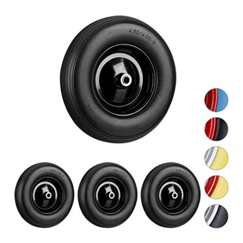 Relaxdays 4 x Schubkarrenrad 4.80 4.00-8, Vollgummireifen und Stahlfelge, Ersatzrad pannensicher, 100kg Traglast, schwarz