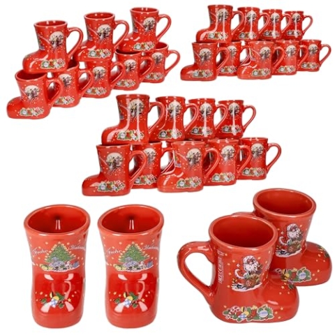 MamboCat 36er Set Glühweinstiefel rot mit Henkel I 200ml geeicht I Glühweinbecher mit Weihnachtsdekor & Schriftzug für 36 Personen I Keramik-Tasse für Tee, Eierlikör, Feuerzangenbowle