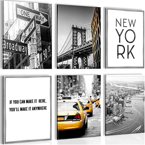 Novart Wandbilder - KEIN EXTRA RAHMEN BENÖTIGT - Wohnzimmer Schlafzimmer - Bilder Modern New York City - Gelb Grau - N006365a