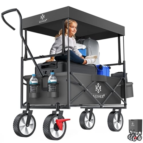 KESSER® Bollerwagen faltbar mit Dach Handwagen Transportkarre Gerätewagen klappbar mit 360° drehbare Vorder-Räder, Vorderrad-Bremse & Vollgummi-Reifen inkl. XXL Außen-Tasche, 2 Netztaschen & Abdeckung
