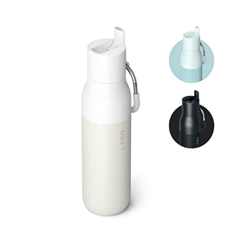 LARQ Flip Top 740ml – Isolierte Edelstahl-Thermoflasche mit Doppelwandige Isolierung | Klappdeckel mit Strohhalm | Silikonbeschichteter Karabiner | BPA-frei, Granite White