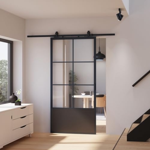 inova Glasschiebetür Komplettset 1025x2200mm aus Stahl in schwarz mit Glaseinsatz