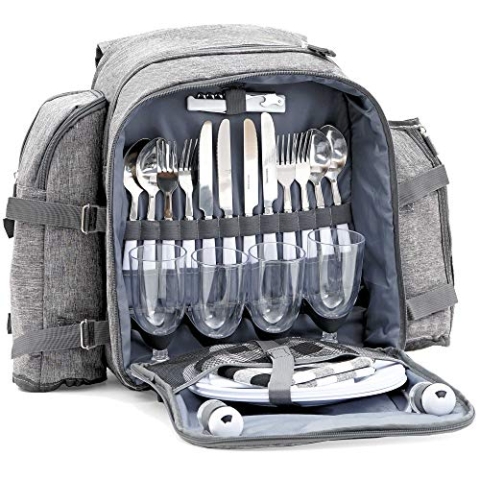 CampFeuer Picknickrucksack für 4 Personen | Picknickset 32-teilig | grau | mit Flaschenhalter, Picknickdecke, großem Kühlfach, Geschirr und Besteck | Rucksack mit Campinggeschirr, Picknickset