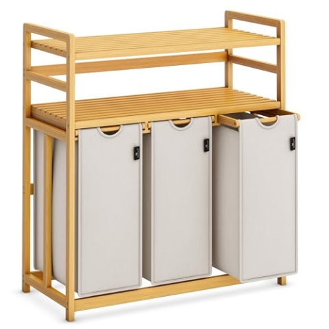AdelDream Premium Wäschekorb 150L – 3 Fächer & 2 Regale, Ausziehbarer & Abnehmbarer Wäschesack mit Bambusrahmen, Hellgrau – Wäschesammler, Wäschebox & Wäschesortierer für Badezimmer & Schlafzimmer