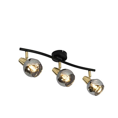 Qazqa - Art Deco Deckenleuchte I Deckenlampe I Lampe I Leuchte Gold I Messing 45 cm mit Rauchglas 3-flammig - Vidro I Wohnzimmer I Schlafzimmer - Länglich - LED geeignet E14