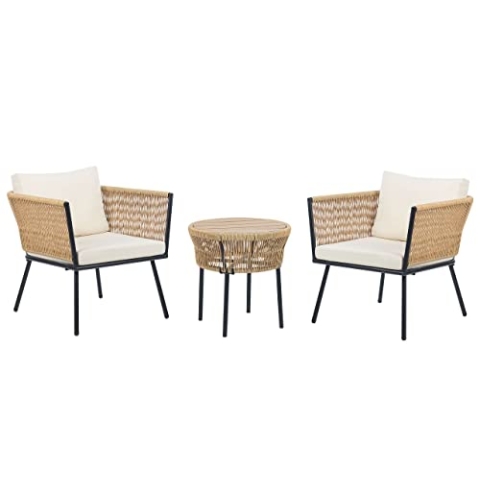 Stilvolles Balkonset 2 Stühle Couchtisch Rattan natürlich Auflagen beige Gargano
