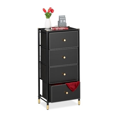 Relaxdays Kommode, HxBxT: 98,5 x 46 x 30 cm, 4 Schubladen, Sideboard Stoff & Stahl, Schubladenschrank, schwarz/Gold