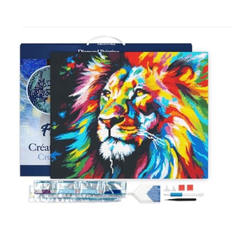 Figured'Art Diamond Painting Erwachsene 40x50cm Mit Rahmen Ganze Leinwand gespannt Löwe Farbenfroh Abstrakt 5D Bilder Eckige Steine - DIY Set Basteln