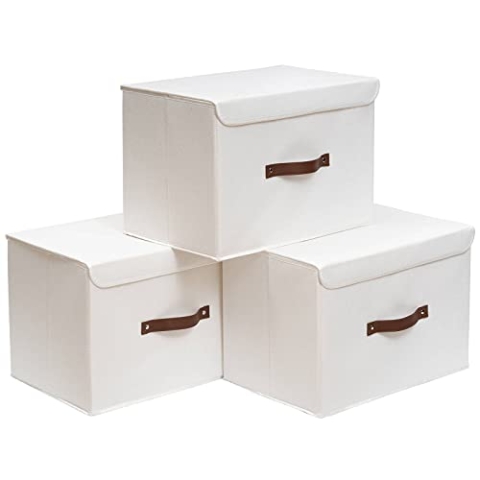 OUTBROS Aufbewahrungskörbe mit Deckel, 45 x 30 x 30 cm,3 Stück regalkörbe, Aufbewahrungsboxe, stoffboxen aufbewahrung für Kleidung,Weiß ST02WL3