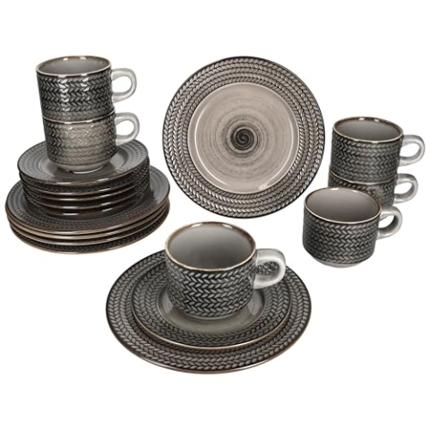 MÄSER Prospero 18tlg Kaffeeservice I braunes Porzellan-Geschirr mit Relief für 6 Personen I Je 6X Tassen 190ml, Untertassen & Teller für Frühstück & Kaffee