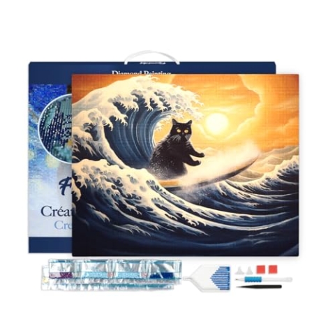 Figured'Art Diamond Painting Erwachsene 40x50cm Mit Rahmen Ganze Leinwand gespannt Die große Welle der schwarzen Katze 5D Bilder Eckige Steine - DIY Set Basteln