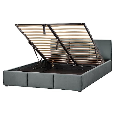 Bett Samt Dunkles Grau mit hohem Kopfteil Lattenrost 160x200cm Bettkasten Bousse