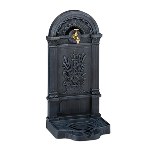 Relaxdays Standbrunnen, Antik-Stil, HBT: 82,5x39x33 cm, Nostalgie, Garten, Terrasse, Wasserhahn, Becken, stehend, grau