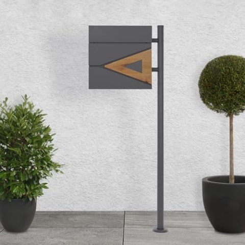 ECD Germany Standbriefkasten mit Zeitungsfach, Design Briefkasten mit Pfosten, Briefkastenanlage, Briefkastenständer 120 cm Anthrazit Edelstahl, Postkasten 37x36,5 cm Anthrazit Natur Eicheoptik Stahl