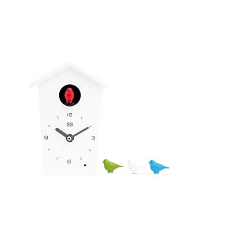 KOOKOO Birdhouse Mini Weiß, Design Kuckucksuhr mit 12 Vogelstimmen oder Kuckuck
