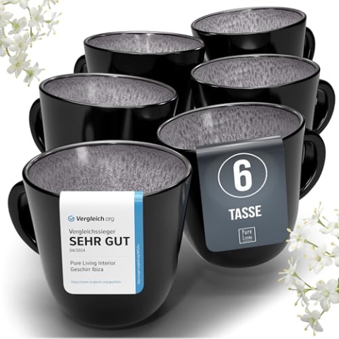 Steingut Kaffeetassen 6 Pers. Ibiza Hochwertiges Mediterranes TEST SEHR GUT Steingut Tassen Set, Spülmaschinen-, Mikrowellen- und Kratzfest - Stylisches Tee- und Kaffeebecher Set - Pure Living in Grau